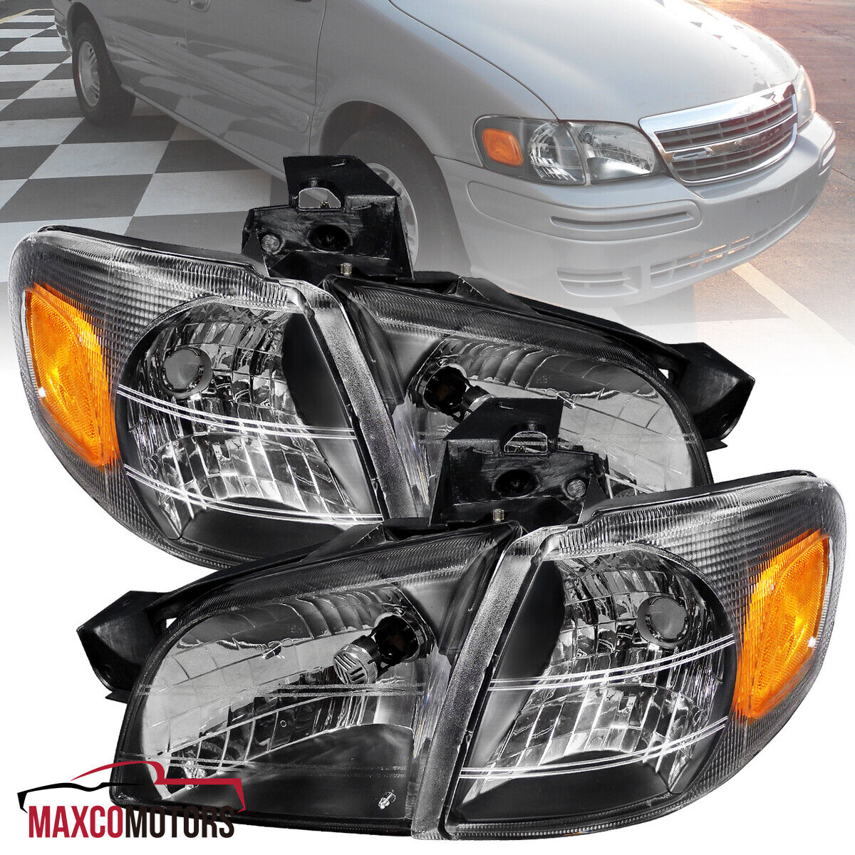 Black Headlights+Corner Lamps Fits 1997-2005 Chevy Venture Silhouette Montana