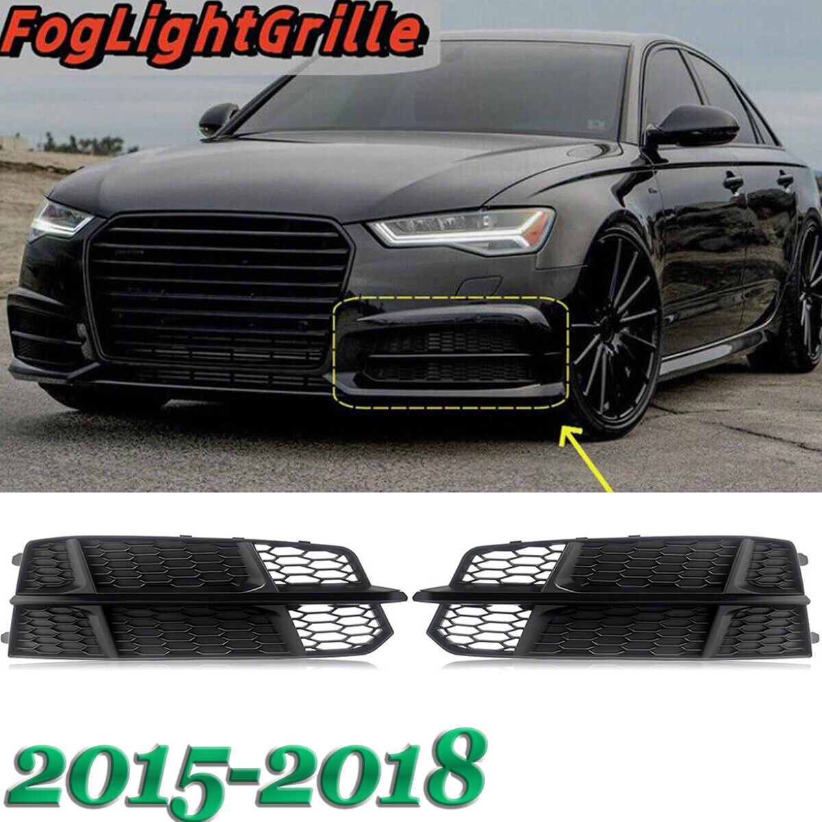 Black Honeycomb Look Front Fog Light Grille For Audi S6 A6 S-Line 2015-2018 L+R