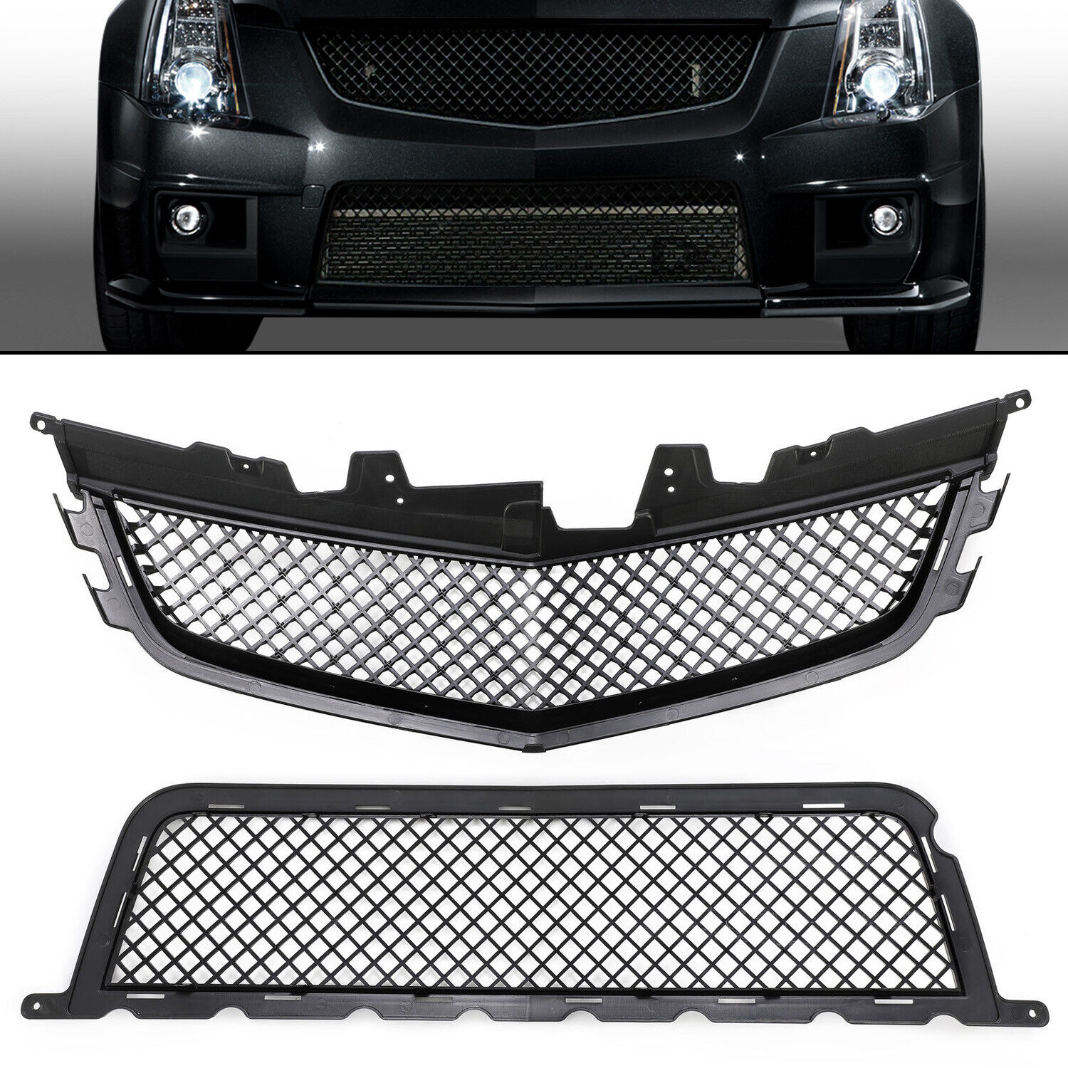 FITS CADILLAC CTS-V CTSV 2008-2014 FRONT UPPER+LOWER MAIN GRILLE - PAINTED BLACK