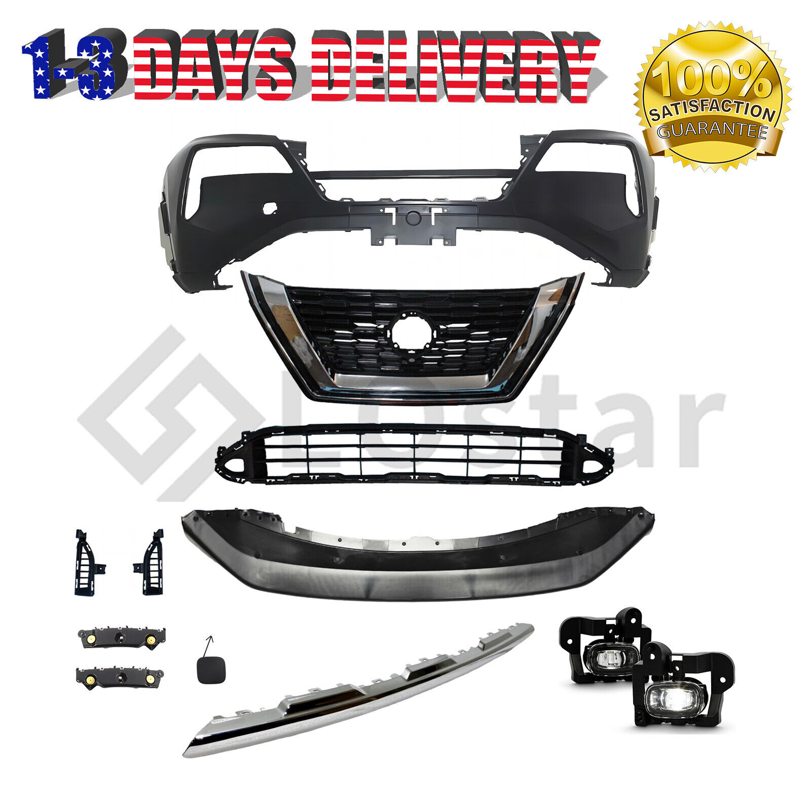 Complete Front Bumper Cover Kit Grill Fog Light For 2021 2022 2023 Nissan Rogue
