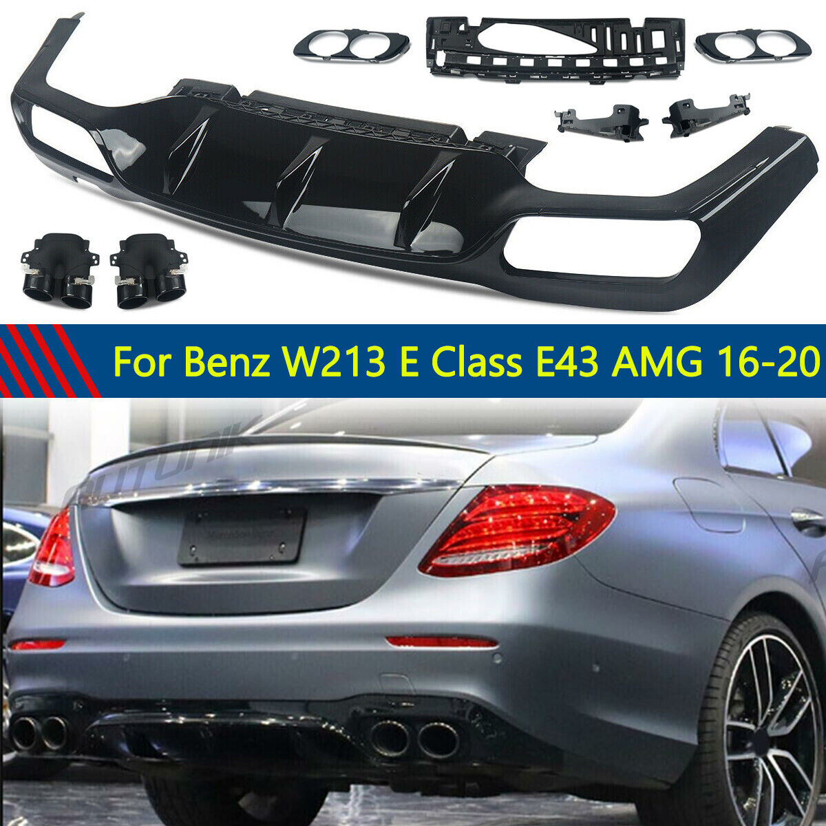 Rear Diffuser W/ Exhaust Tip Fit For  Benz W213 E300 E43/E53 AMG 2016-2020