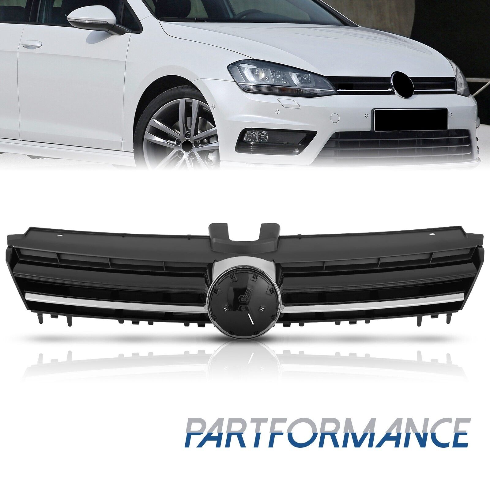 For 2015 2016 Volkswagen VW MK7 Golf/GTI Front Upper Grille Black w/ Chrome Trim