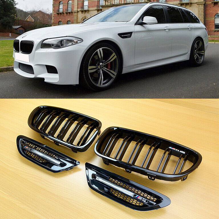 Fit 2012-2016 BMW F10 M5 Front Grille M Look + Fender W/LED ABS Gloss Black