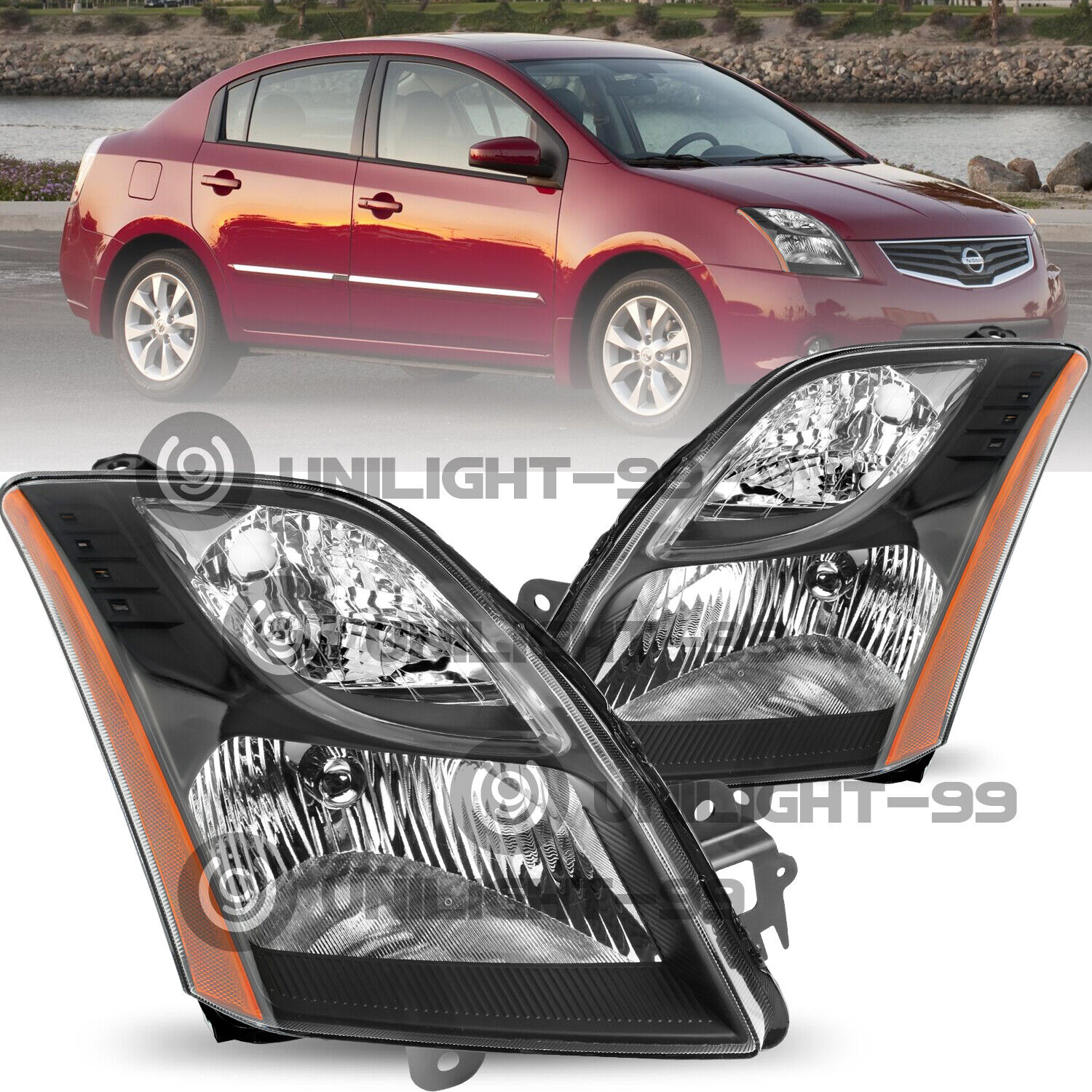 For 2010-2012 Nissan Sentra Sedan 4Door Black Halogen Headlights Headlamps Pair