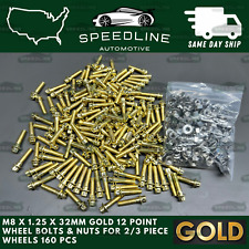 160PC M8x1.25x32 GOLD 12 Point Wheel Bolts & M8 Nuts For 2/3 Piece Wheels 160 picture